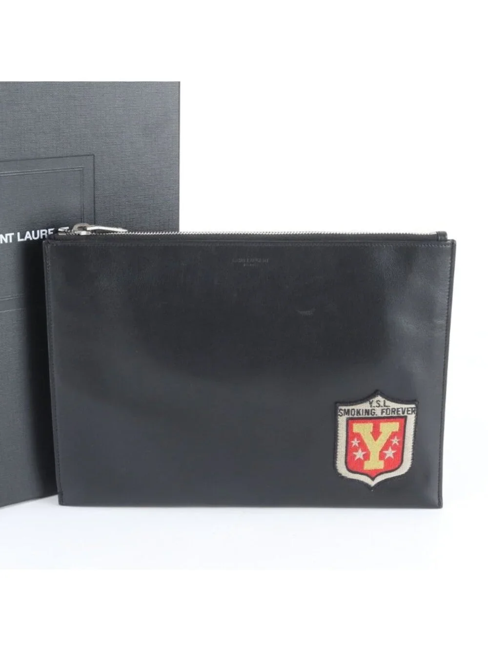 ★SOLD★ Saint Laurent YSL Yves Smoking Forever Patch Leather Clutch Pouch - Picture 1 of 8